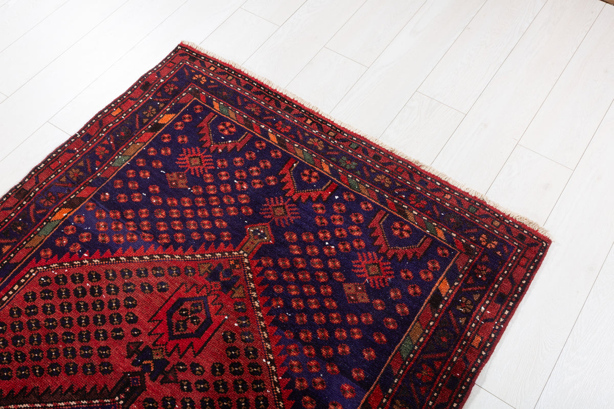 Vintage Rust Red, Navy Blue Allover Diamond Geometric Hand-Knotted Area Rug – 6' 9" x 3' 8" (207 x 111 cm)