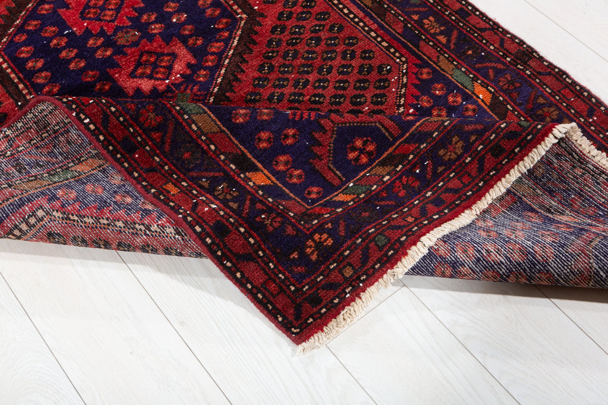 Vintage Rust Red, Navy Blue Allover Diamond Geometric Hand-Knotted Area Rug – 6' 9" x 3' 8" (207 x 111 cm)