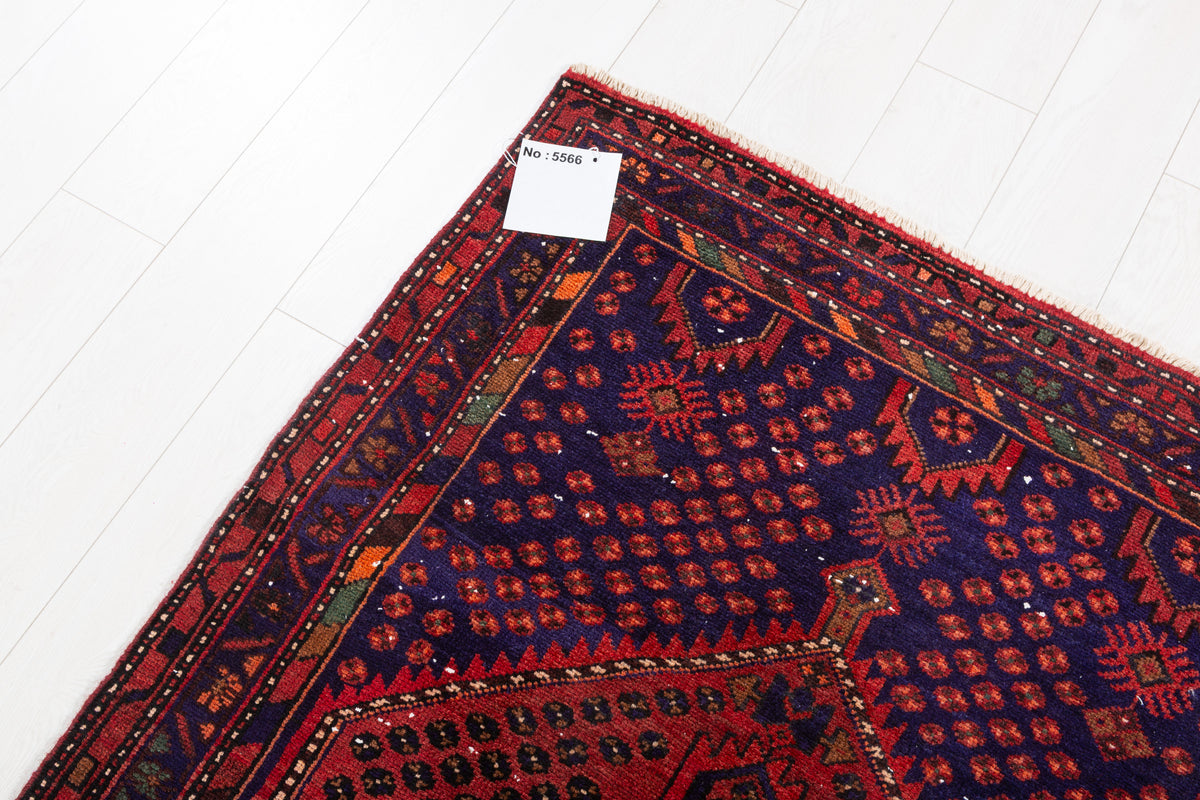 Vintage Rust Red, Navy Blue Allover Diamond Geometric Hand-Knotted Area Rug – 6' 9" x 3' 8" (207 x 111 cm)