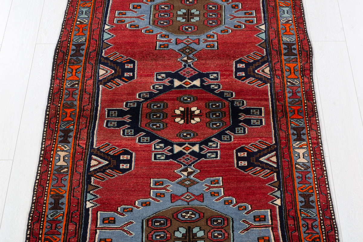 Vintage Red, Light Blue, Navy Blue Medallion Geometric Hand-Knotted Area Rug – 7' 1" x 3' 5" (216 x 105 cm)