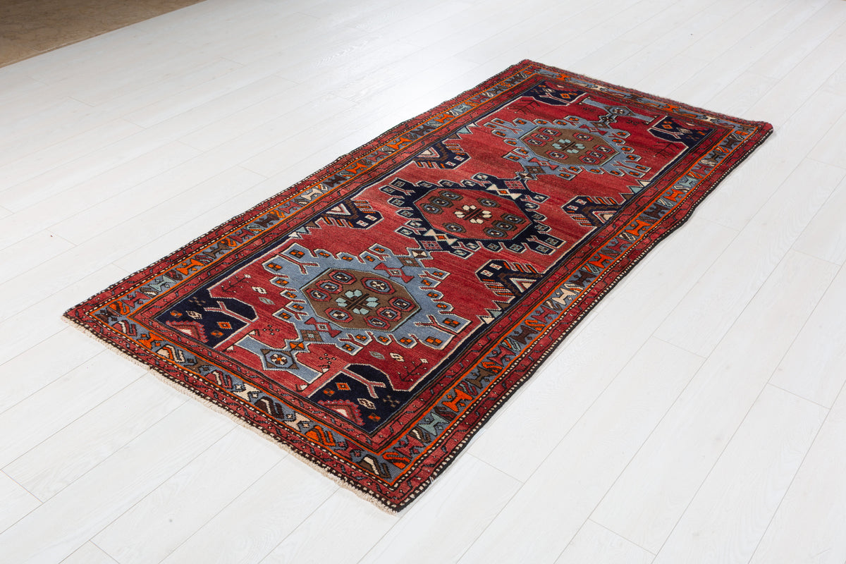 Vintage Red, Light Blue, Navy Blue Medallion Geometric Hand-Knotted Area Rug – 7' 1" x 3' 5" (216 x 105 cm)