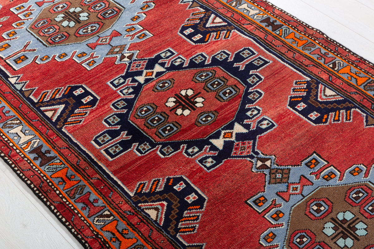 Vintage Red, Light Blue, Navy Blue Medallion Geometric Hand-Knotted Area Rug – 7' 1" x 3' 5" (216 x 105 cm)
