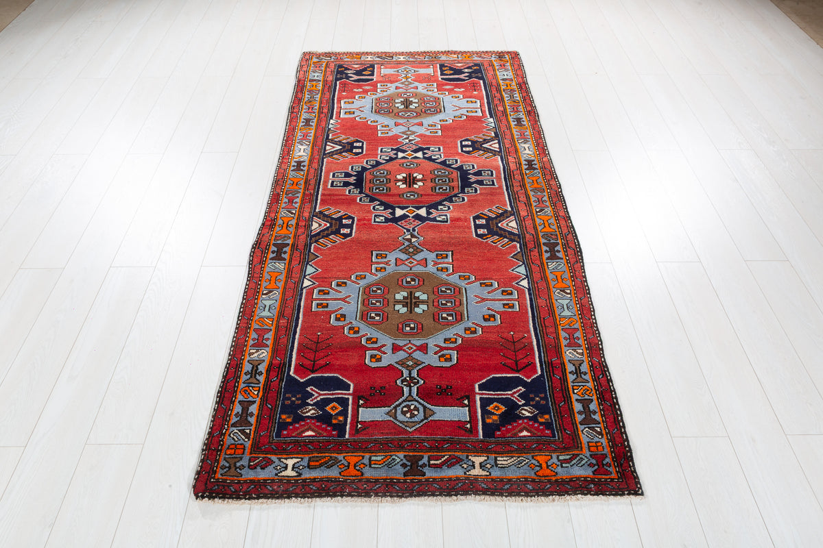 Vintage Red, Light Blue, Navy Blue Medallion Geometric Hand-Knotted Area Rug – 7' 1" x 3' 5" (216 x 105 cm)