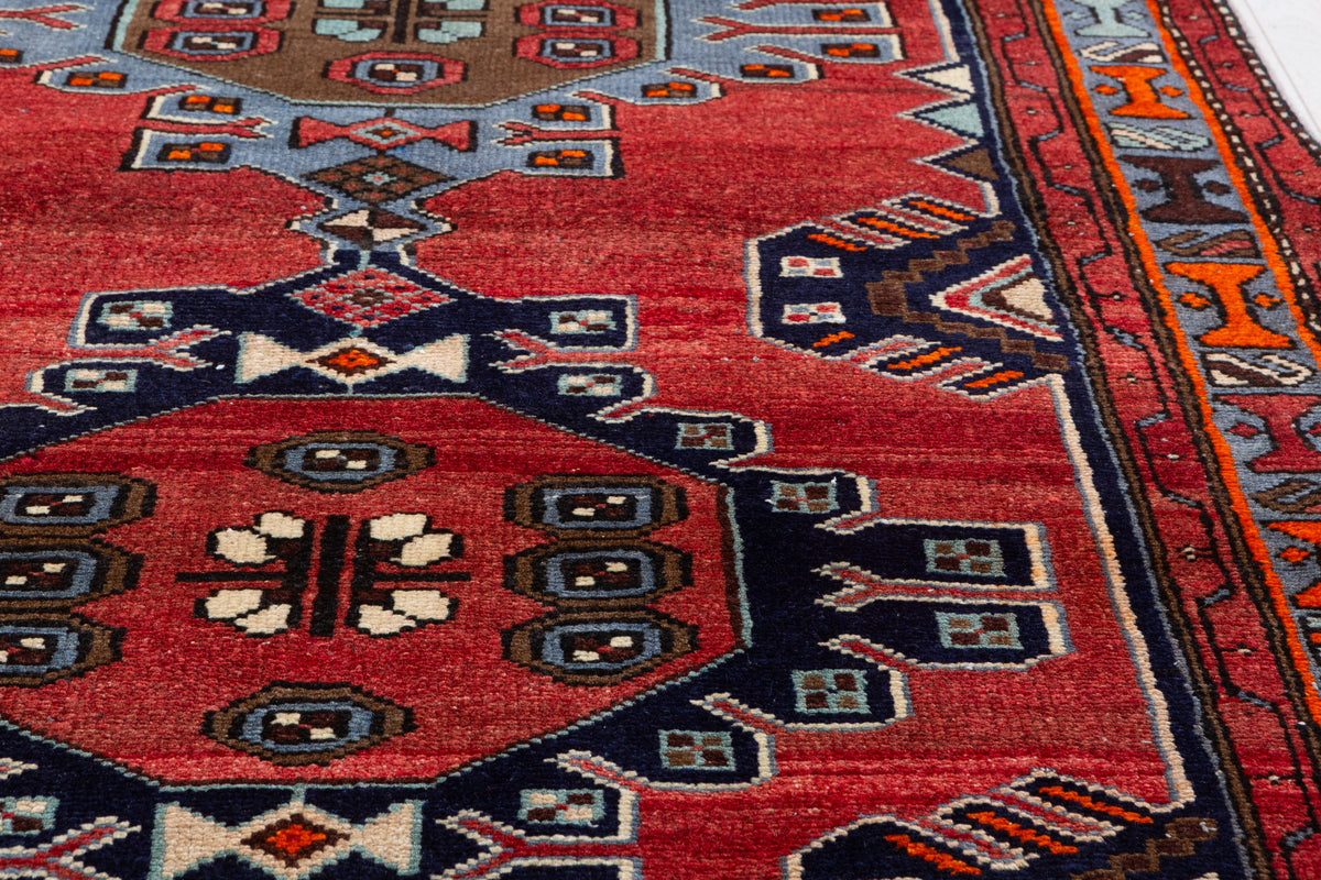 Vintage Red, Light Blue, Navy Blue Medallion Geometric Hand-Knotted Area Rug – 7' 1" x 3' 5" (216 x 105 cm)
