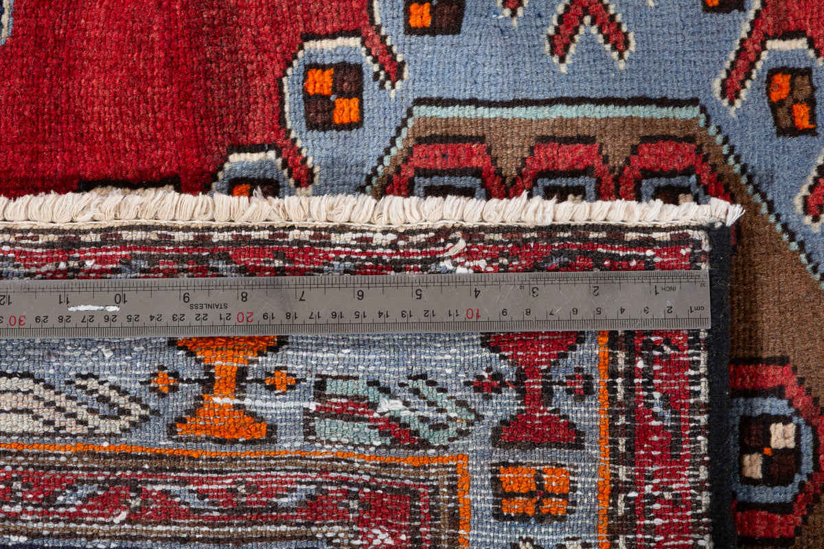 Vintage Red, Light Blue, Navy Blue Medallion Geometric Hand-Knotted Area Rug – 7' 1" x 3' 5" (216 x 105 cm)