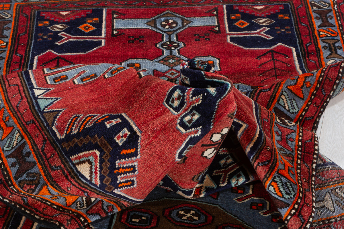 Vintage Red, Light Blue, Navy Blue Medallion Geometric Hand-Knotted Area Rug – 7' 1" x 3' 5" (216 x 105 cm)