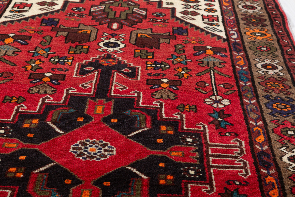 Tapis vintage rouge et brun à médaillon géométrique – 6' 1" x 3' 1" (185 x 95 cm)