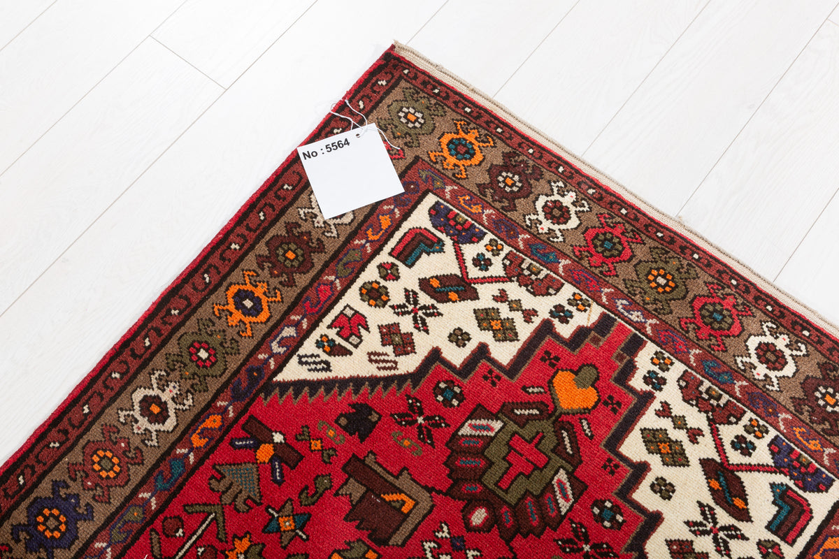 Tapis vintage rouge et brun à médaillon géométrique – 6' 1" x 3' 1" (185 x 95 cm)