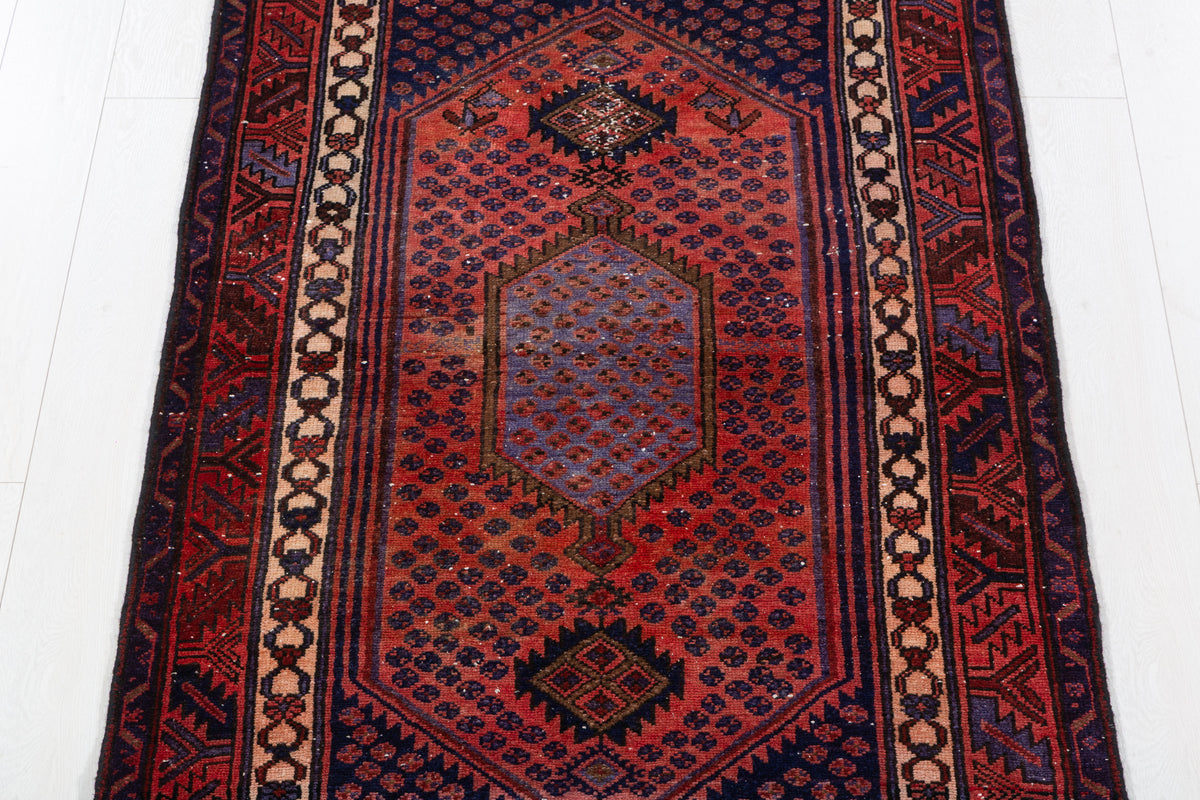 Vintage Rust Red, Navy Blue Medallion Geometric Hand-Knotted Area Rug – 6' 11" x 3' 5" (211 x 105 cm)