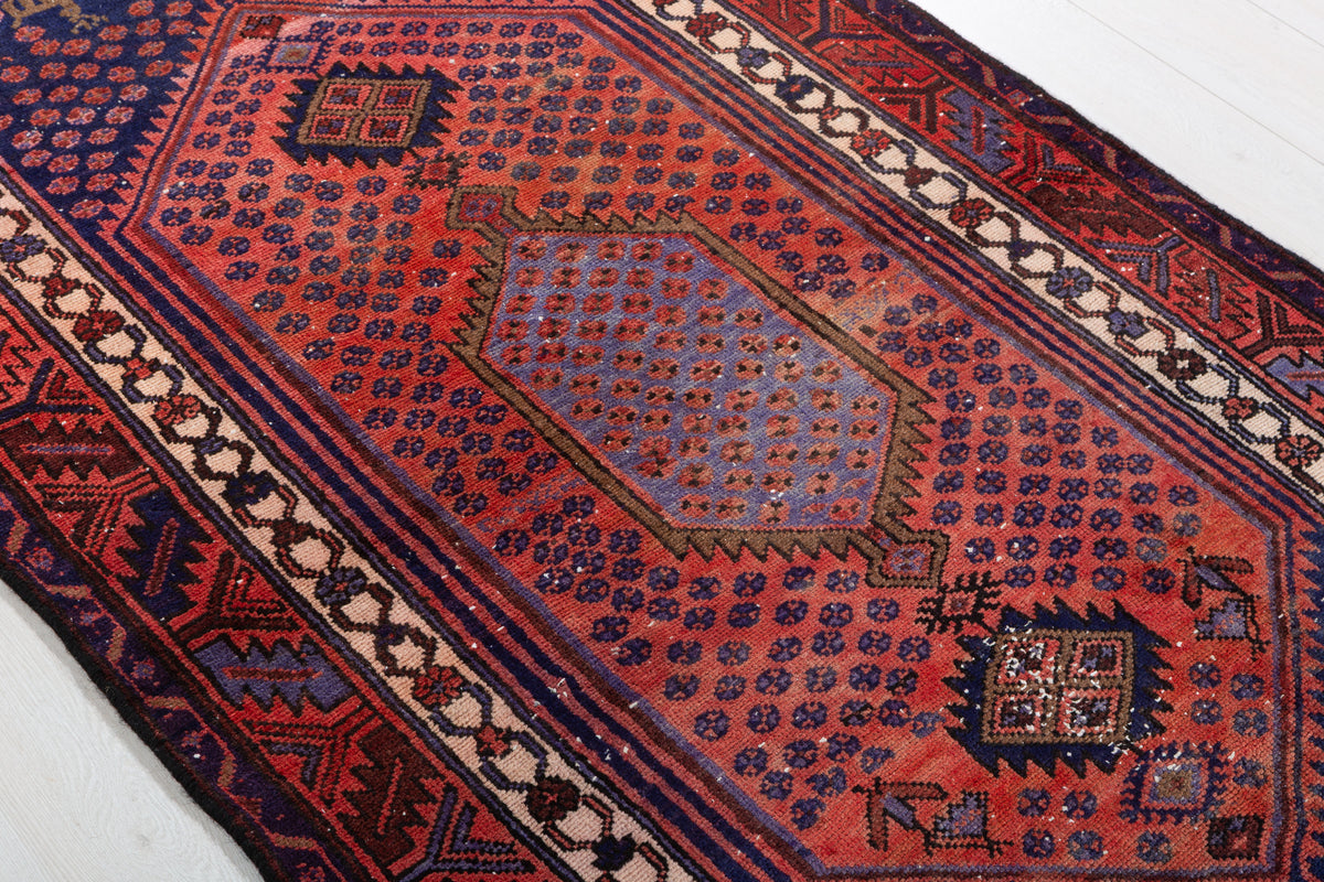 Vintage Rust Red, Navy Blue Medallion Geometric Hand-Knotted Area Rug – 6' 11" x 3' 5" (211 x 105 cm)