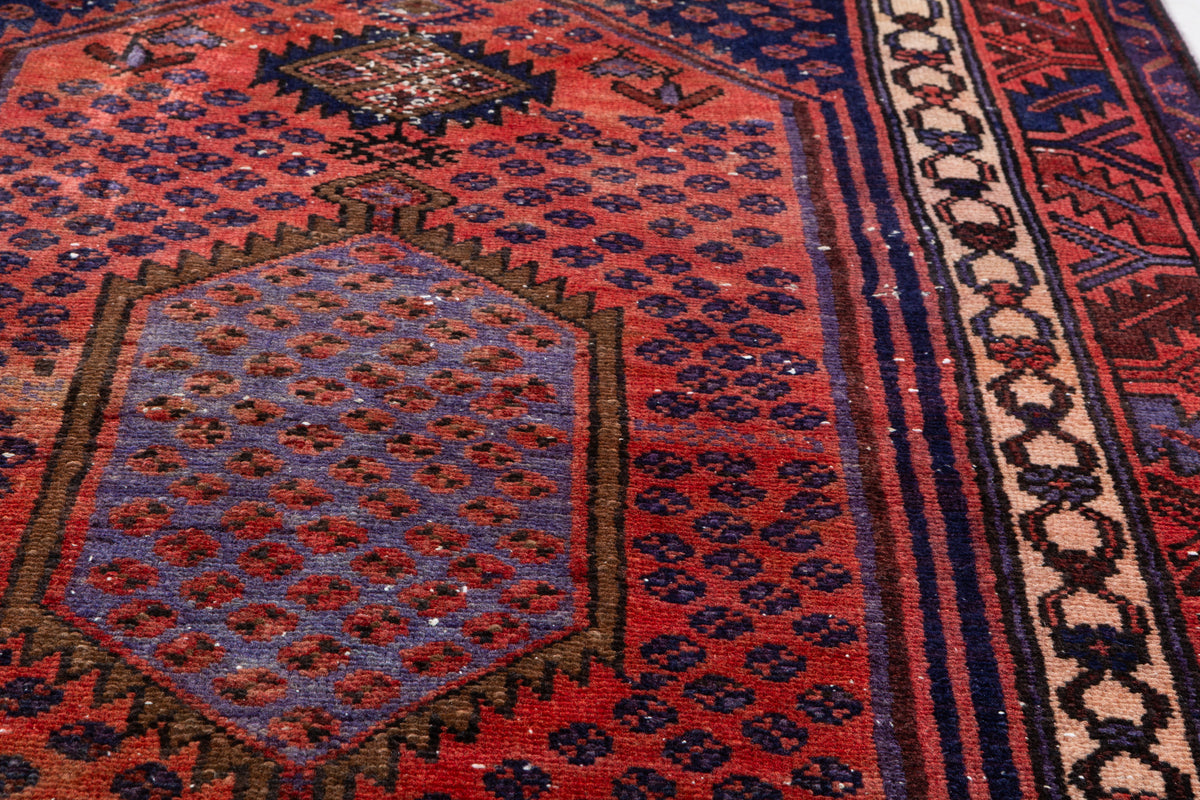 Vintage Rust Red, Navy Blue Medallion Geometric Hand-Knotted Area Rug – 6' 11" x 3' 5" (211 x 105 cm)