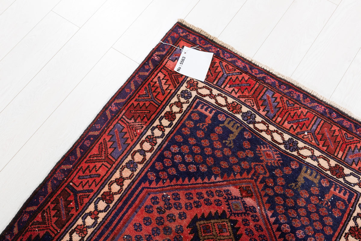 Vintage Rust Red, Navy Blue Medallion Geometric Hand-Knotted Area Rug – 6' 11" x 3' 5" (211 x 105 cm)