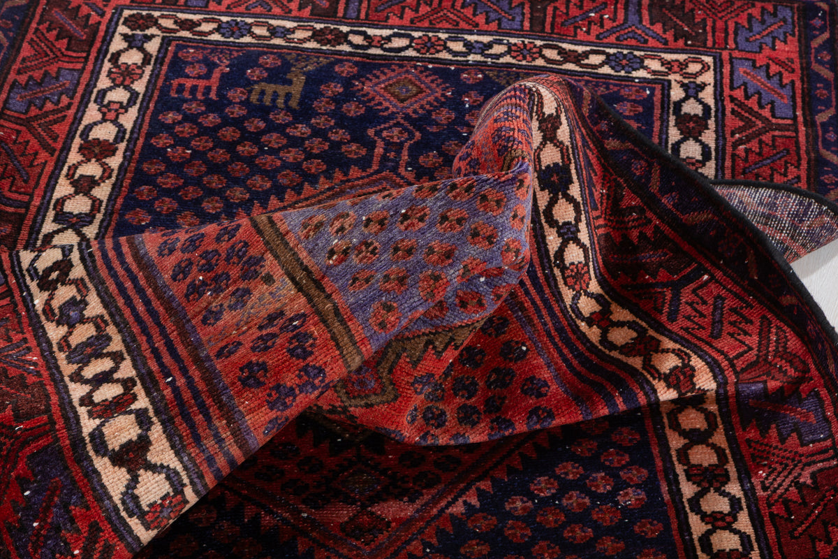Vintage Rust Red, Navy Blue Medallion Geometric Hand-Knotted Area Rug – 6' 11" x 3' 5" (211 x 105 cm)