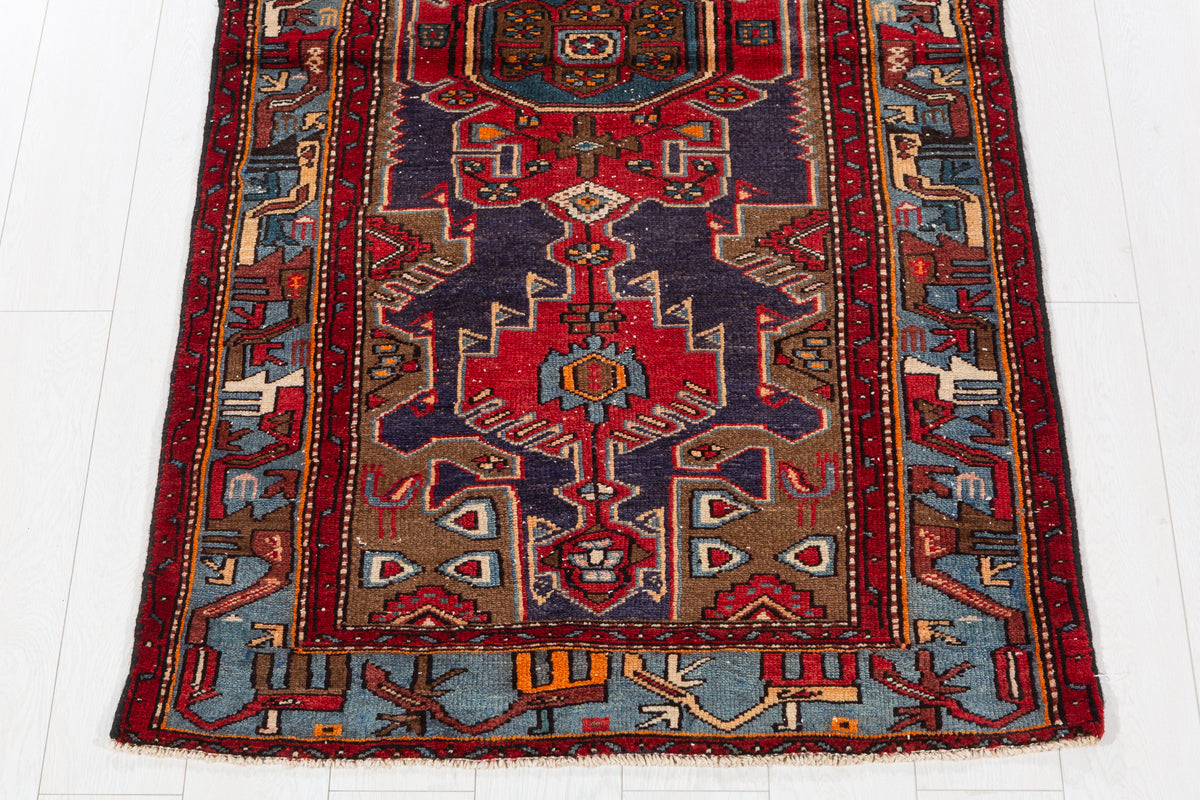 Vintage Red, Navy Blue Geometric Medallion Hand-Knotted Area Rug – 6' 5" x 3' 3" (196 x 98 cm)