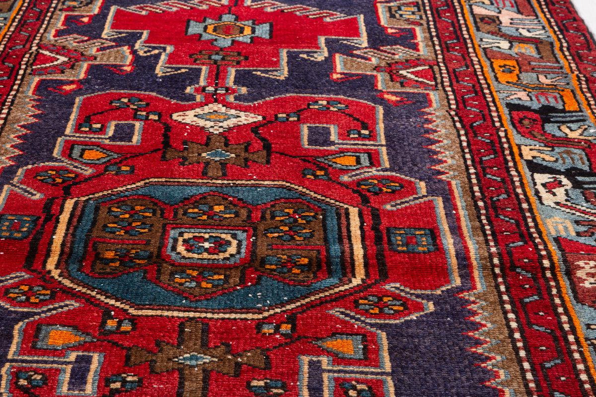 Vintage Red, Navy Blue Geometric Medallion Hand-Knotted Area Rug – 6' 5" x 3' 3" (196 x 98 cm)
