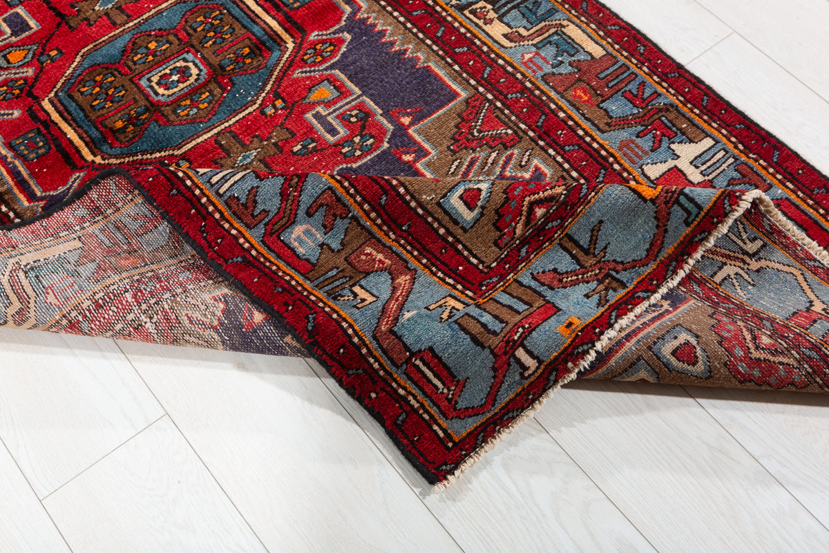 Vintage Red, Navy Blue Geometric Medallion Hand-Knotted Area Rug – 6' 5" x 3' 3" (196 x 98 cm)