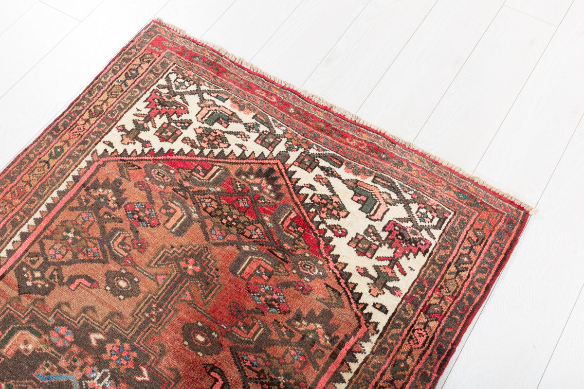 Semi-Antique Faded Rust Red Allover Botanical Geometric Hand-Knotted Area Rug – 6' 8" x 3' 3" (202 x 98 cm)