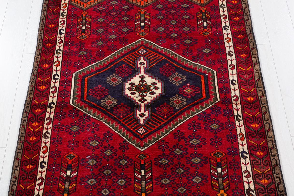 Vintage Red, Navy Blue Medallion Geometric Hand-Knotted Area Rug – 6' 4" x 3' 10" (194 x 118 cm)