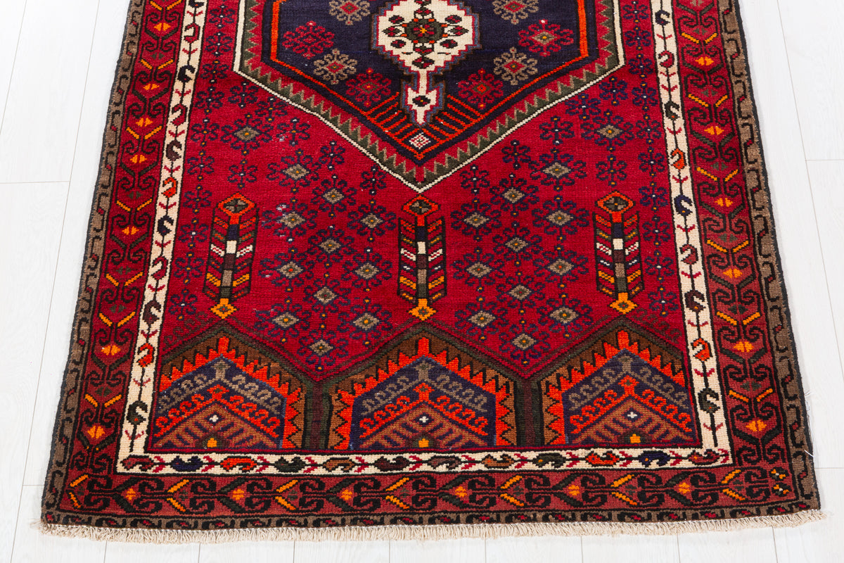 Vintage Red, Navy Blue Medallion Geometric Hand-Knotted Area Rug – 6' 4" x 3' 10" (194 x 118 cm)