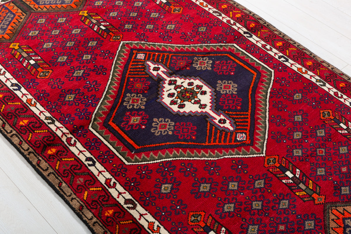 Vintage Red, Navy Blue Medallion Geometric Hand-Knotted Area Rug – 6' 4" x 3' 10" (194 x 118 cm)