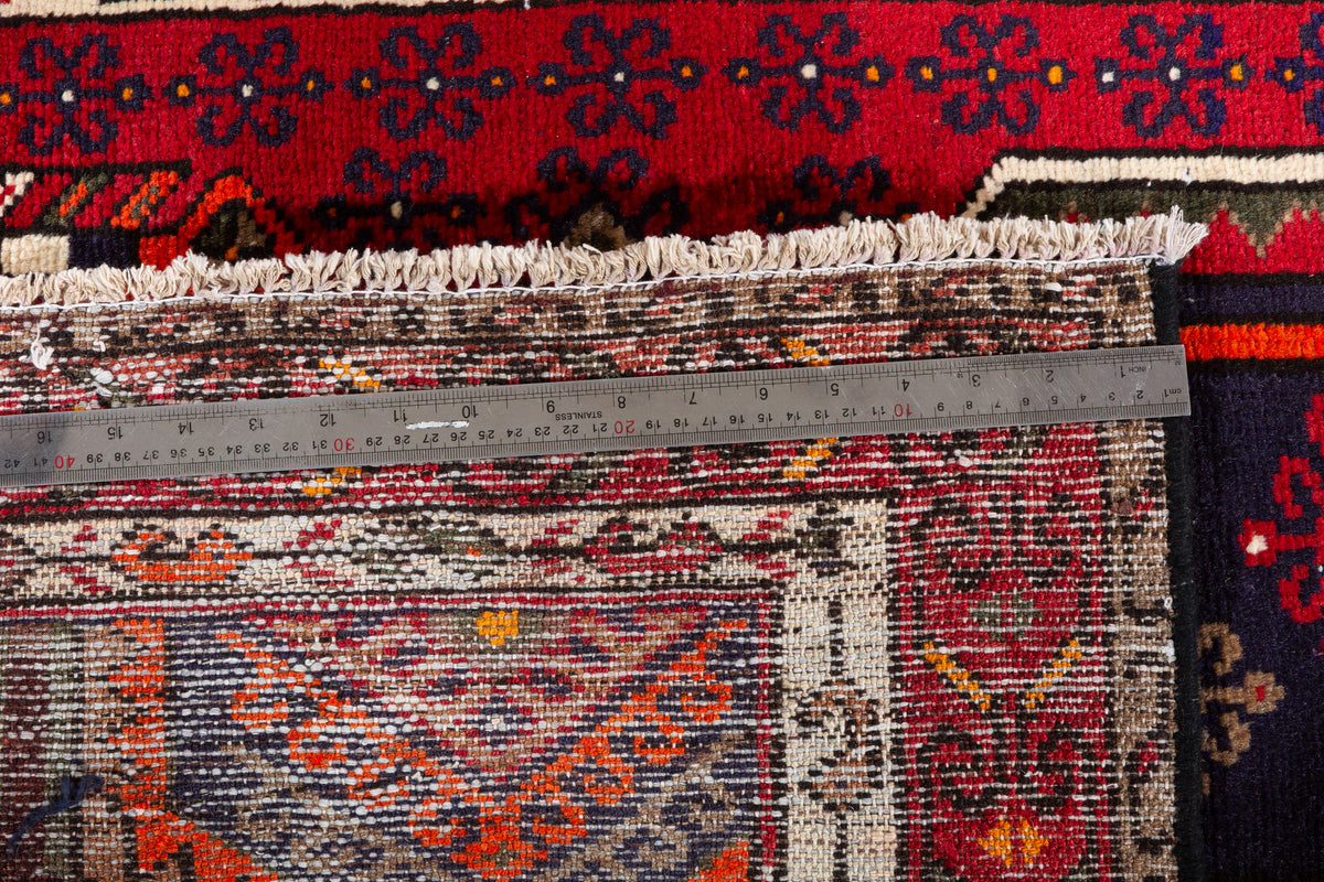 Vintage Red, Navy Blue Medallion Geometric Hand-Knotted Area Rug – 6' 4" x 3' 10" (194 x 118 cm)