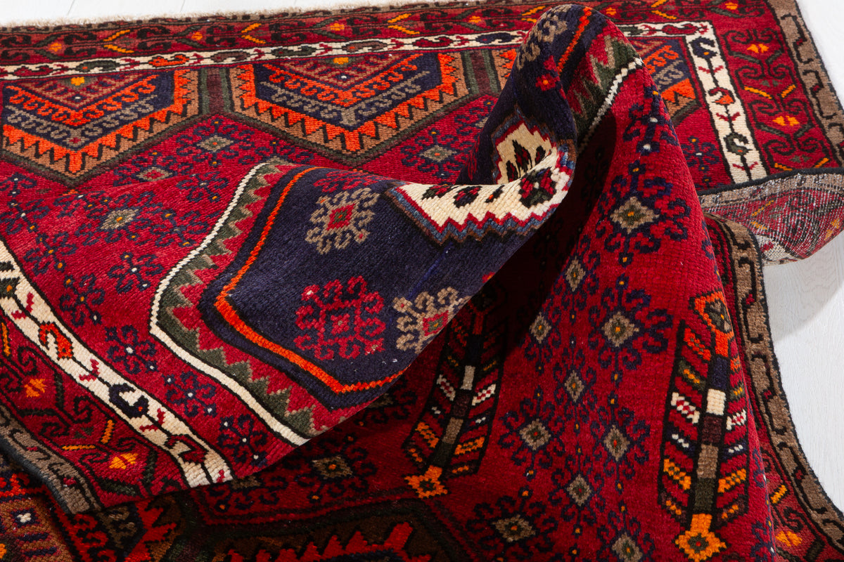 Vintage Red, Navy Blue Medallion Geometric Hand-Knotted Area Rug – 6' 4" x 3' 10" (194 x 118 cm)