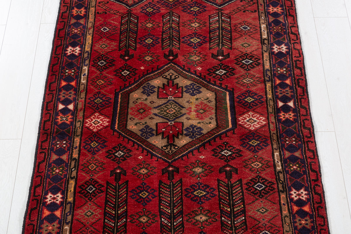 Vintage Red, Brown, Navy Blue Hexagonal Medallion Hand-Knotted Area Rug – 6' 3" x 3' 5" (191 x 103 cm)