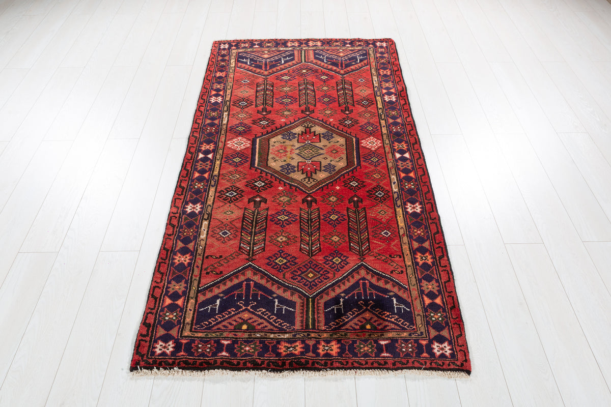 Vintage Red, Brown, Navy Blue Hexagonal Medallion Hand-Knotted Area Rug – 6' 3" x 3' 5" (191 x 103 cm)