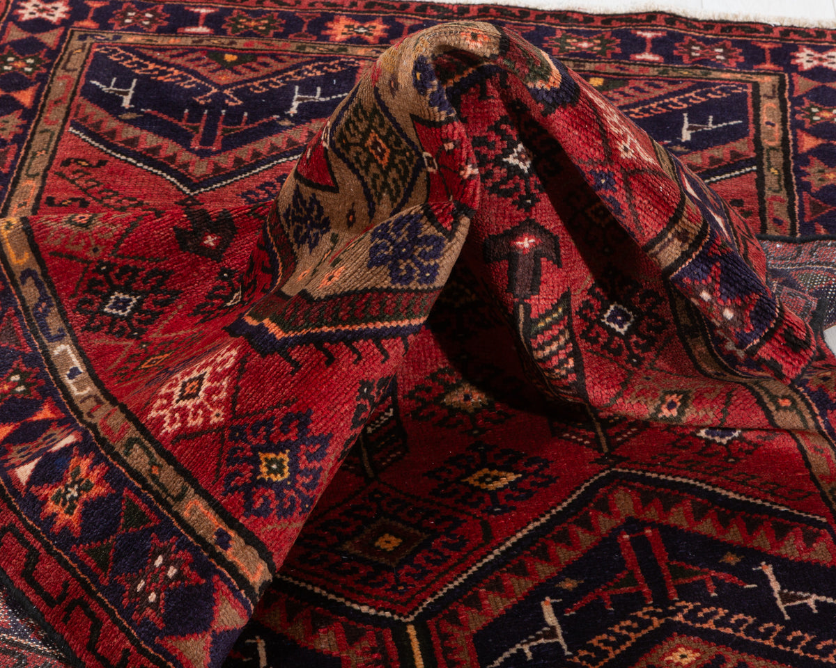 Vintage Red, Brown, Navy Blue Hexagonal Medallion Hand-Knotted Area Rug – 6' 3" x 3' 5" (191 x 103 cm)