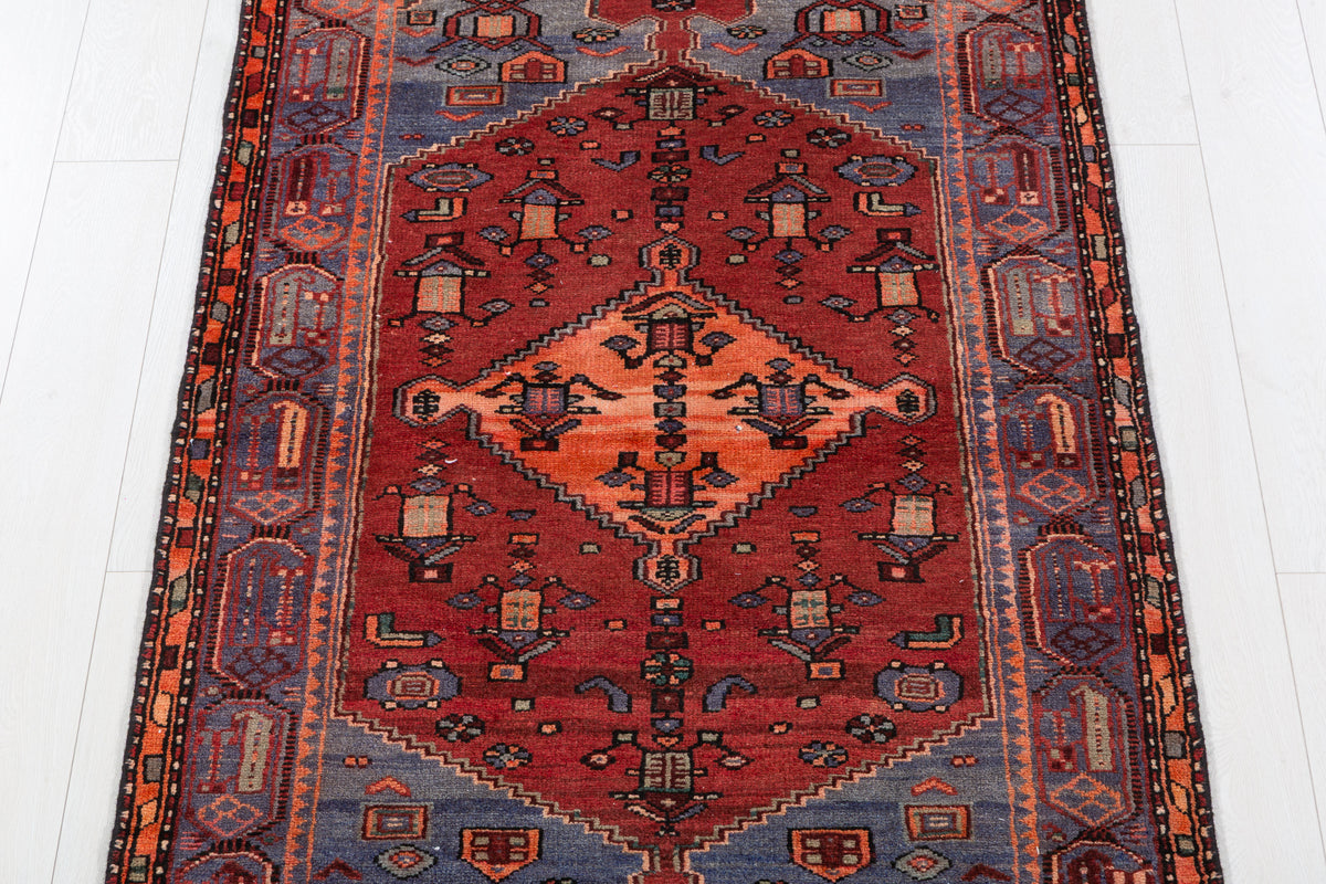 Rare Semi-Antique Rust Red, Orange, Light Blue Geometric Medallion Area Rug – 6' 8" x 3' 4" (203 x 102 cm)