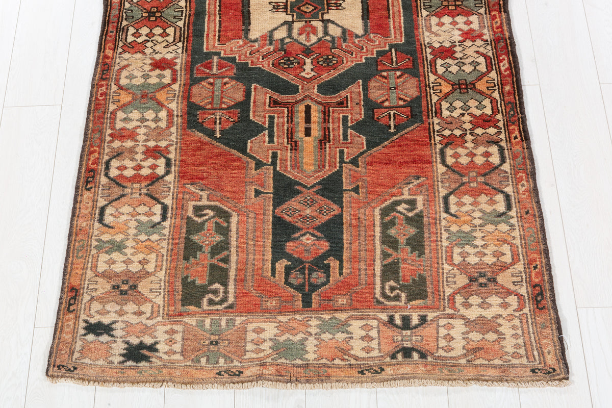 Rare Semi-Antique Faded Charcoal Black and Red Pictorial Geometric Hand-Knotted Area Rug – 6' 10" x 3' 5" (208 x 104 cm)