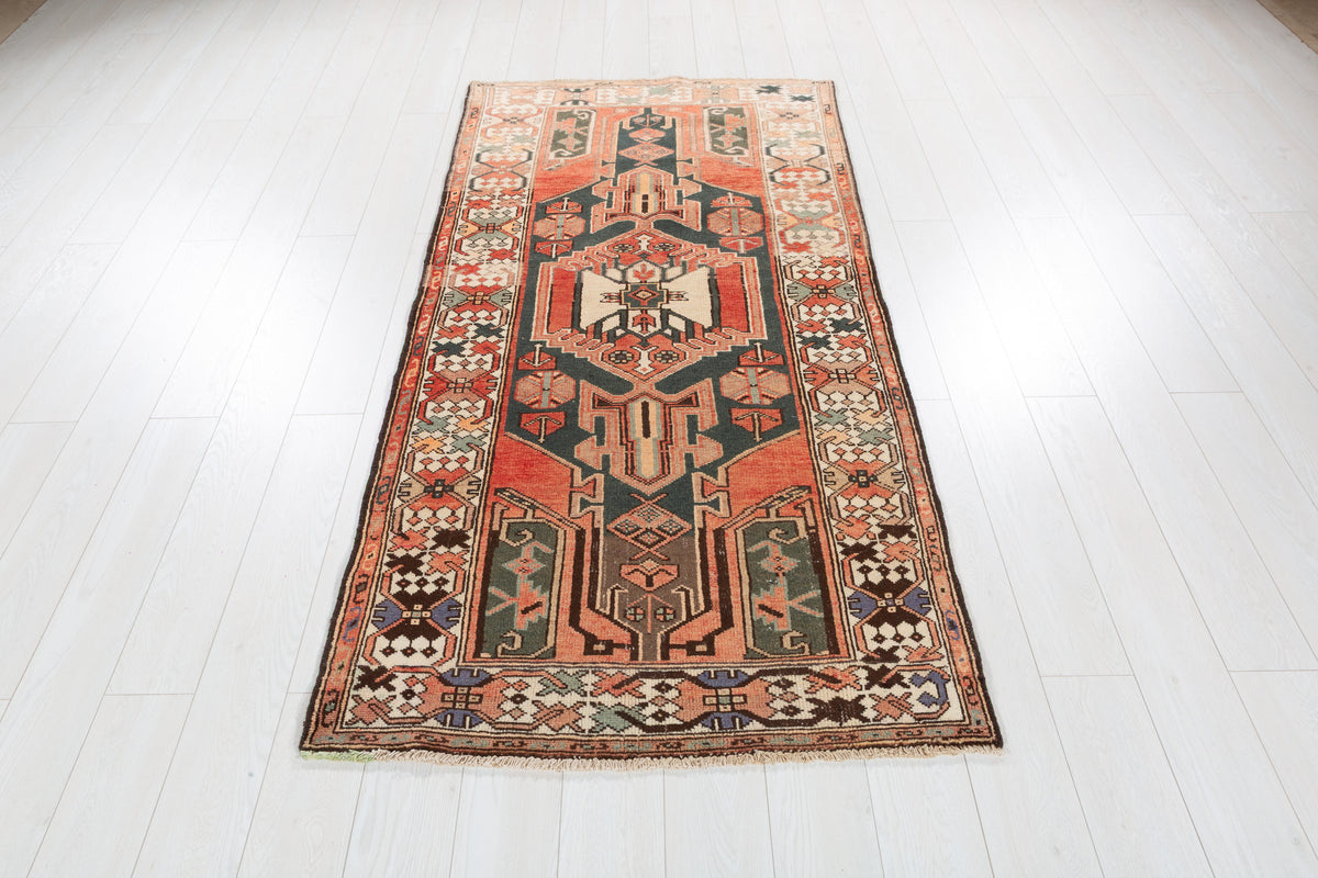 Rare Semi-Antique Faded Charcoal Black and Red Pictorial Geometric Hand-Knotted Area Rug – 6' 10" x 3' 5" (208 x 104 cm)