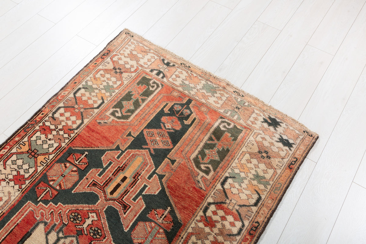 Rare Semi-Antique Faded Charcoal Black and Red Pictorial Geometric Hand-Knotted Area Rug – 6' 10" x 3' 5" (208 x 104 cm)
