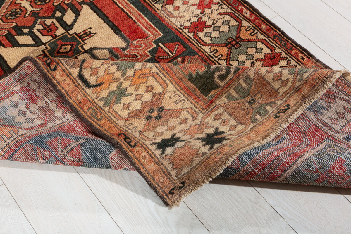Rare Semi-Antique Faded Charcoal Black and Red Pictorial Geometric Hand-Knotted Area Rug – 6' 10" x 3' 5" (208 x 104 cm)