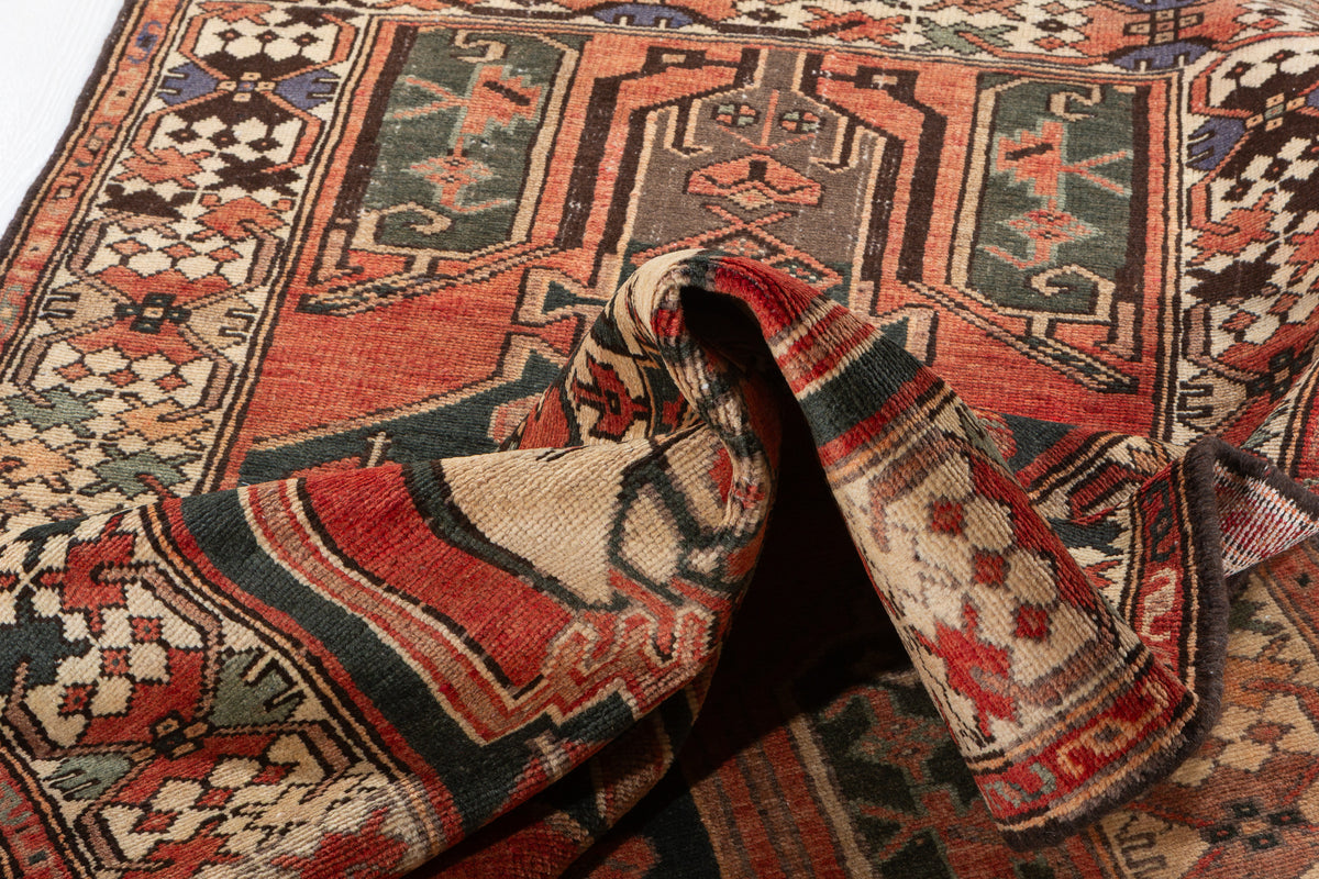 Rare Semi-Antique Faded Charcoal Black and Red Pictorial Geometric Hand-Knotted Area Rug – 6' 10" x 3' 5" (208 x 104 cm)