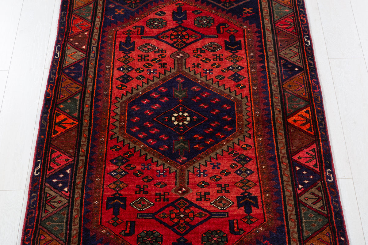 Vintage Coral Red, Navy Blue Medallion Geometric Area Rug – 6' 11" x 3' 7" (212 x 109 cm)
