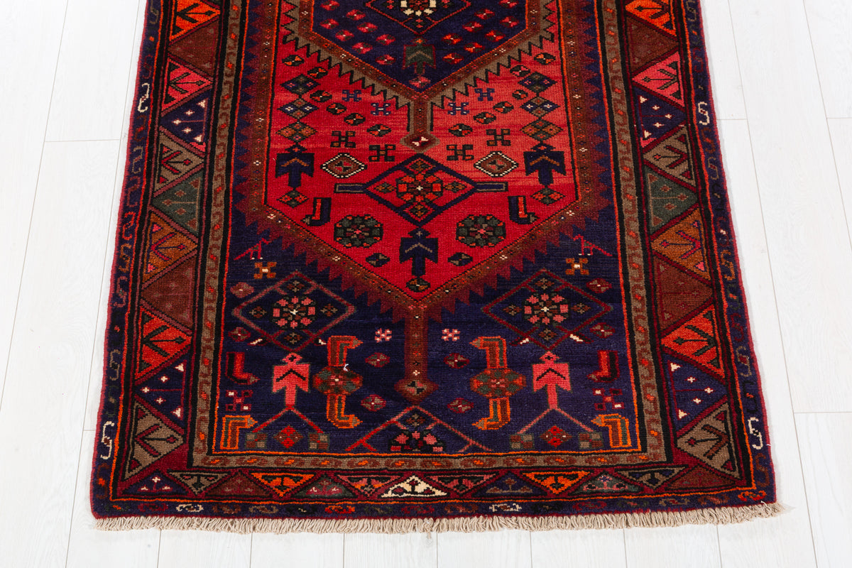 Vintage Coral Red, Navy Blue Medallion Geometric Area Rug – 6' 11" x 3' 7" (212 x 109 cm)