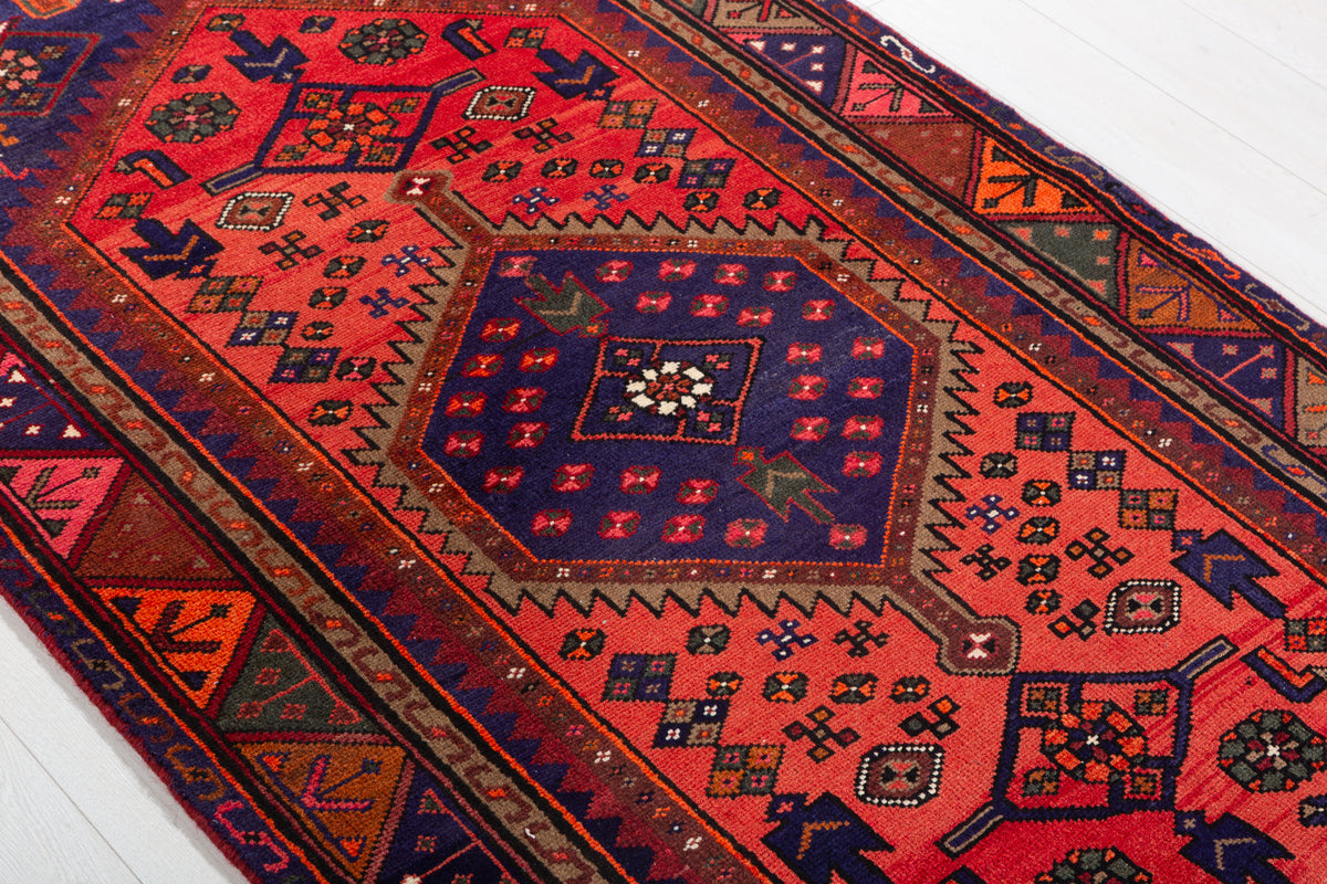 Vintage Coral Red, Navy Blue Medallion Geometric Area Rug – 6' 11" x 3' 7" (212 x 109 cm)