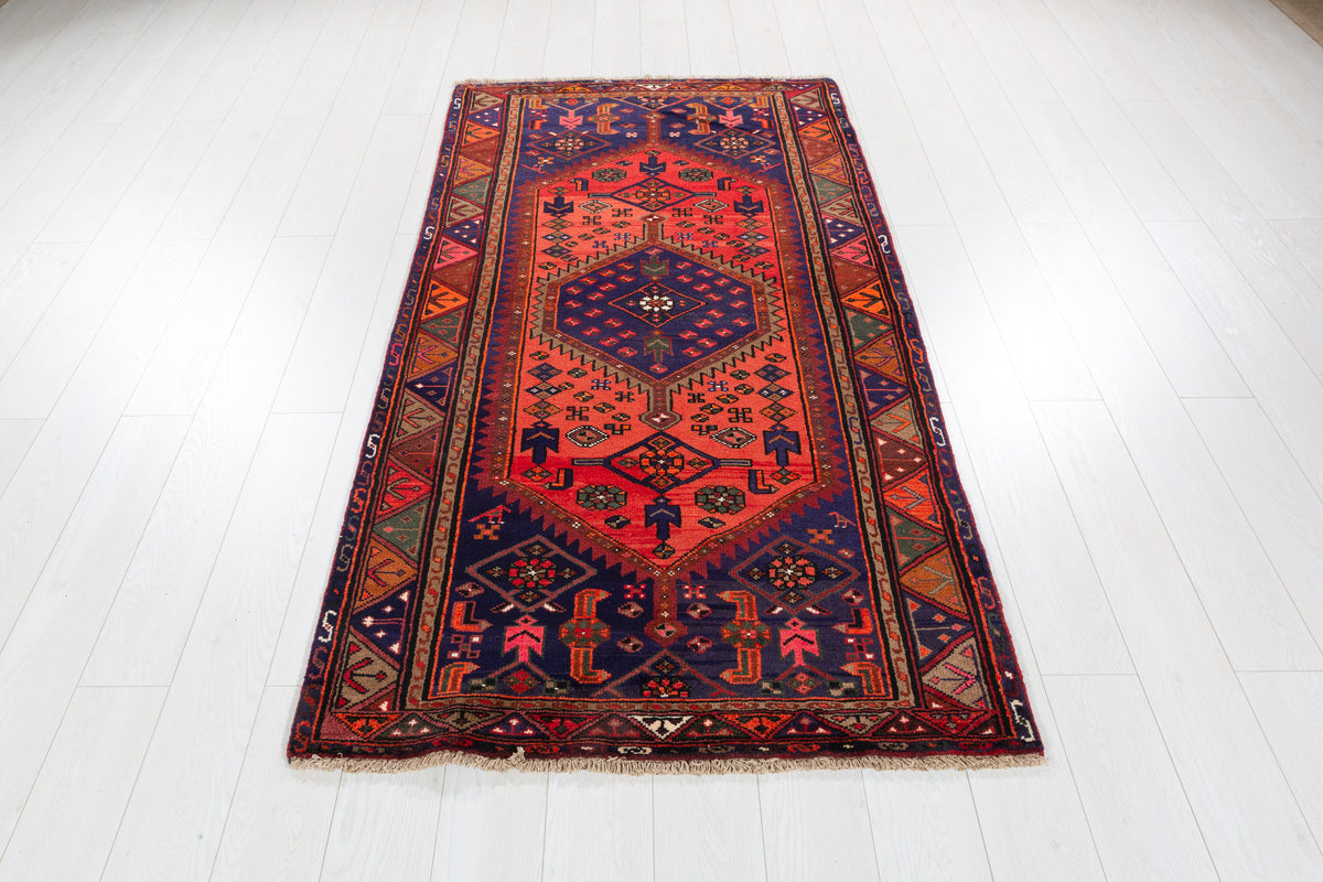 Vintage Coral Red, Navy Blue Medallion Geometric Area Rug – 6' 11" x 3' 7" (212 x 109 cm)