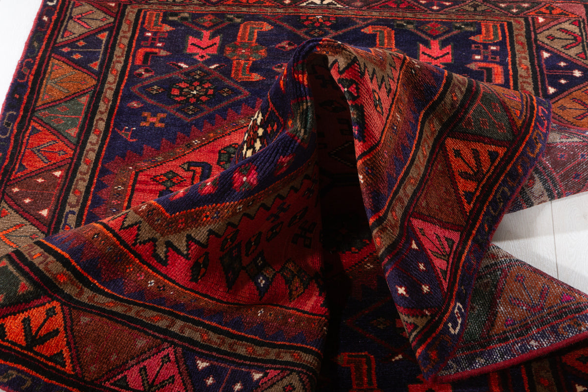 Vintage Coral Red, Navy Blue Medallion Geometric Area Rug – 6' 11" x 3' 7" (212 x 109 cm)