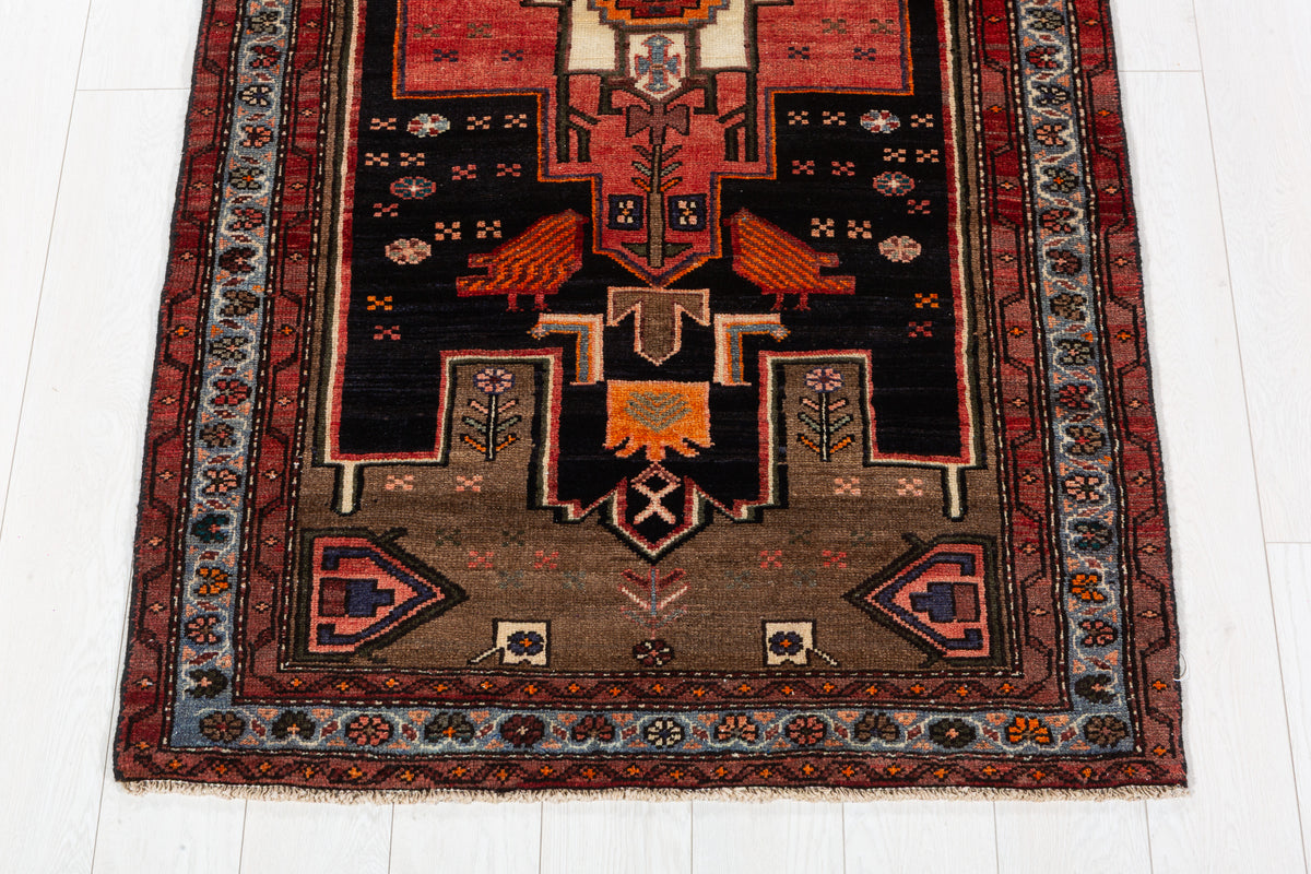 Rare Vintage Deep Navy Blue, Red, Light Blue, Brown Pictorial Tribal Hand-Knotted Area Rug – 6' 9" x 3' 6" (207 x 107 cm)