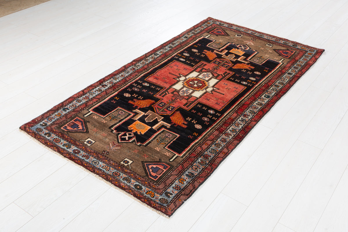Rare Vintage Deep Navy Blue, Red, Light Blue, Brown Pictorial Tribal Hand-Knotted Area Rug – 6' 9" x 3' 6" (207 x 107 cm)