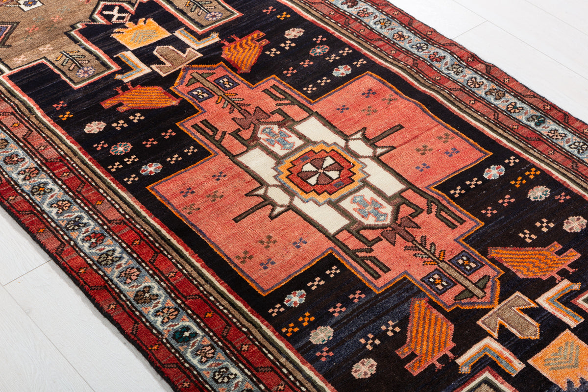 Rare Vintage Deep Navy Blue, Red, Light Blue, Brown Pictorial Tribal Hand-Knotted Area Rug – 6' 9" x 3' 6" (207 x 107 cm)