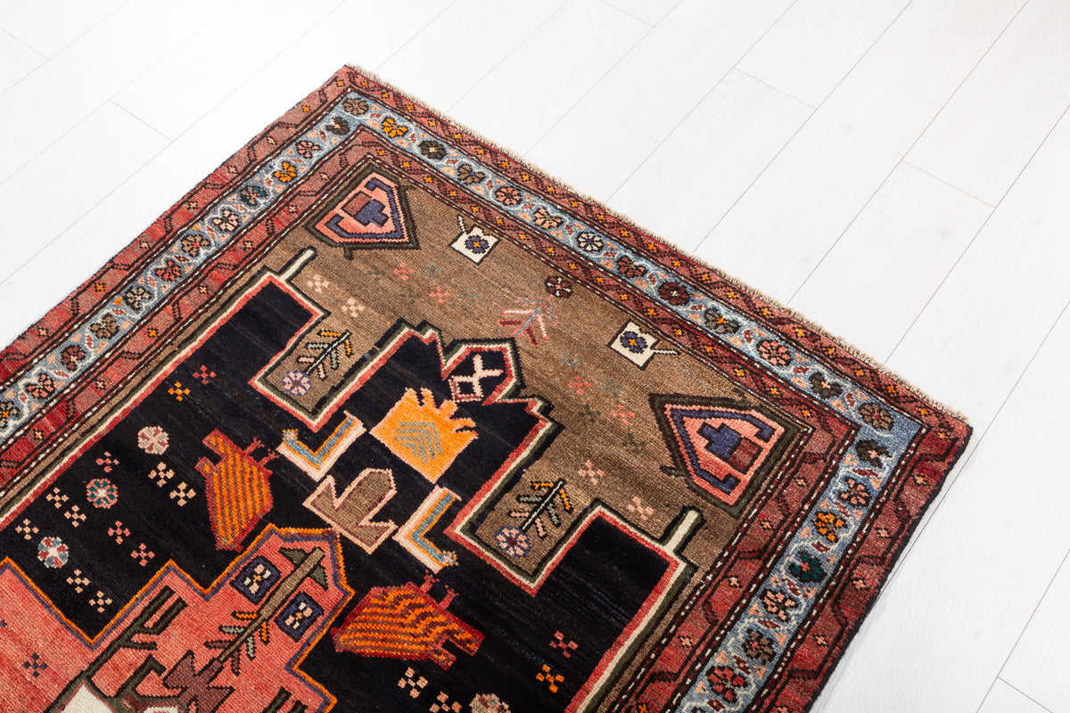 Rare Vintage Deep Navy Blue, Red, Light Blue, Brown Pictorial Tribal Hand-Knotted Area Rug – 6' 9" x 3' 6" (207 x 107 cm)