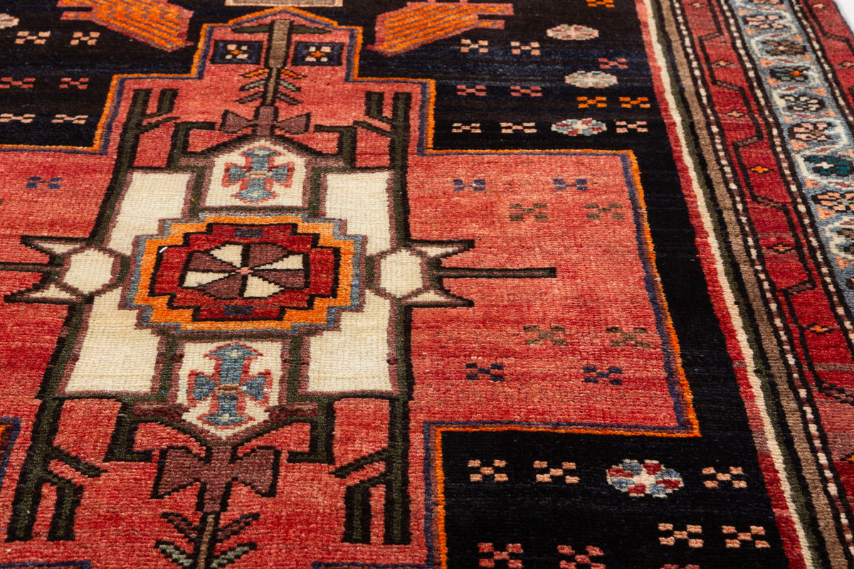 Rare Vintage Deep Navy Blue, Red, Light Blue, Brown Pictorial Tribal Hand-Knotted Area Rug – 6' 9" x 3' 6" (207 x 107 cm)