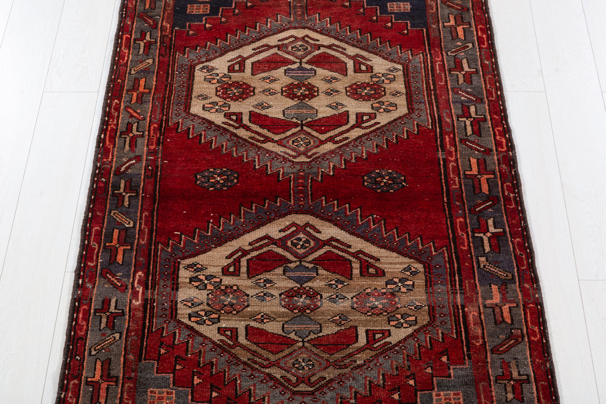 Vintage Red, Camel Brown Medallion Geometric Hand-Knotted Area Rug – 6' 6" x 3' 5" (198 x 104 cm)