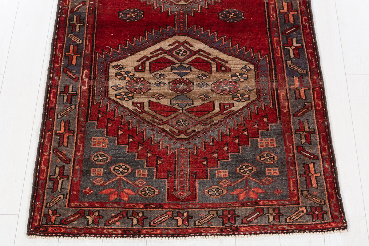 Vintage Red, Camel Brown Medallion Geometric Hand-Knotted Area Rug – 6' 6" x 3' 5" (198 x 104 cm)