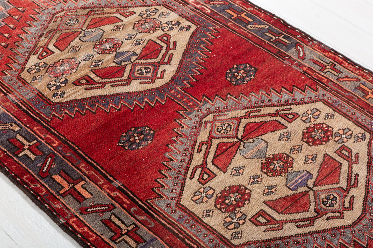 Vintage Red, Camel Brown Medallion Geometric Hand-Knotted Area Rug – 6' 6" x 3' 5" (198 x 104 cm)