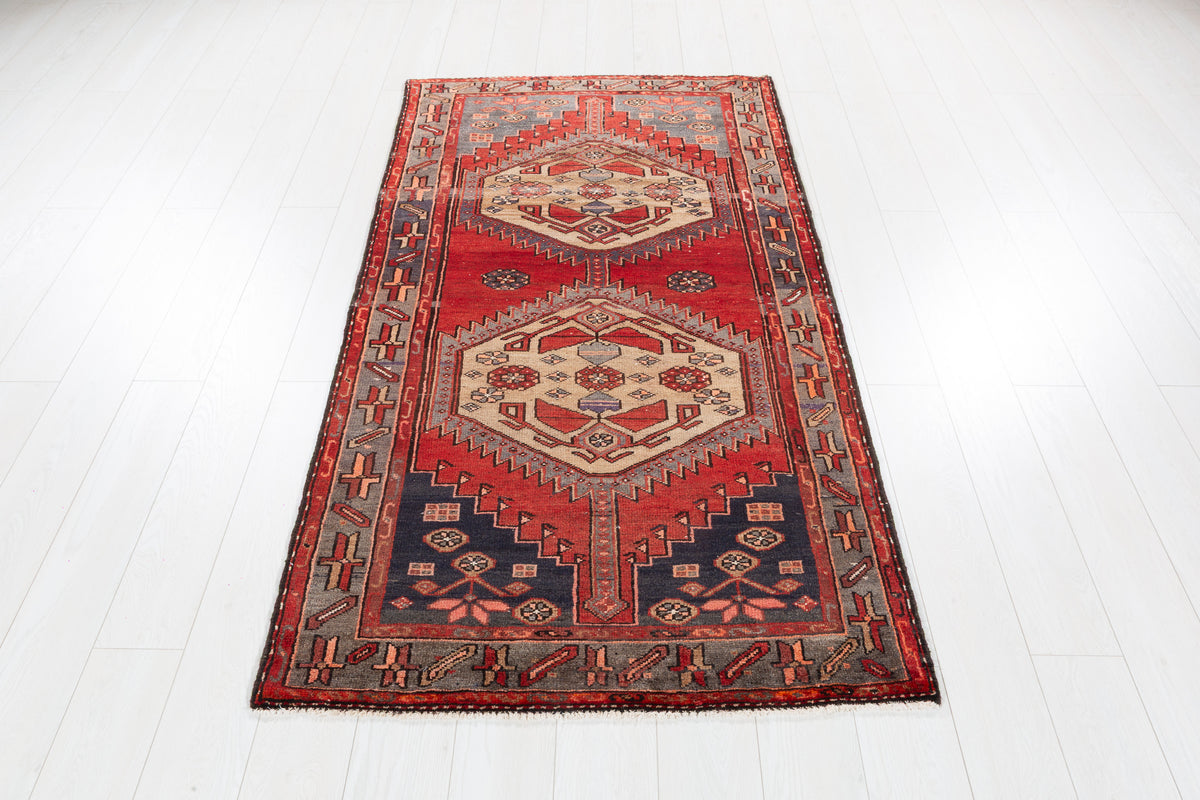 Vintage Red, Camel Brown Medallion Geometric Hand-Knotted Area Rug – 6' 6" x 3' 5" (198 x 104 cm)