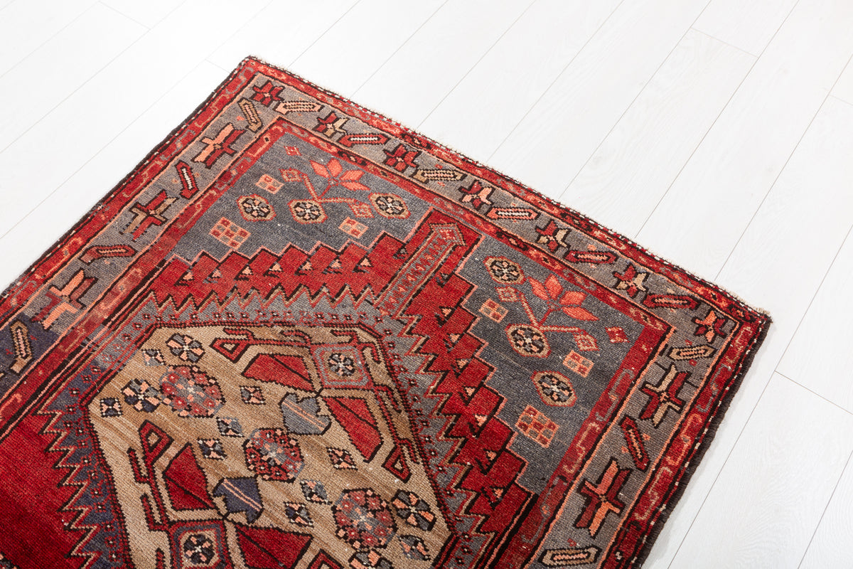 Vintage Red, Camel Brown Medallion Geometric Hand-Knotted Area Rug – 6' 6" x 3' 5" (198 x 104 cm)